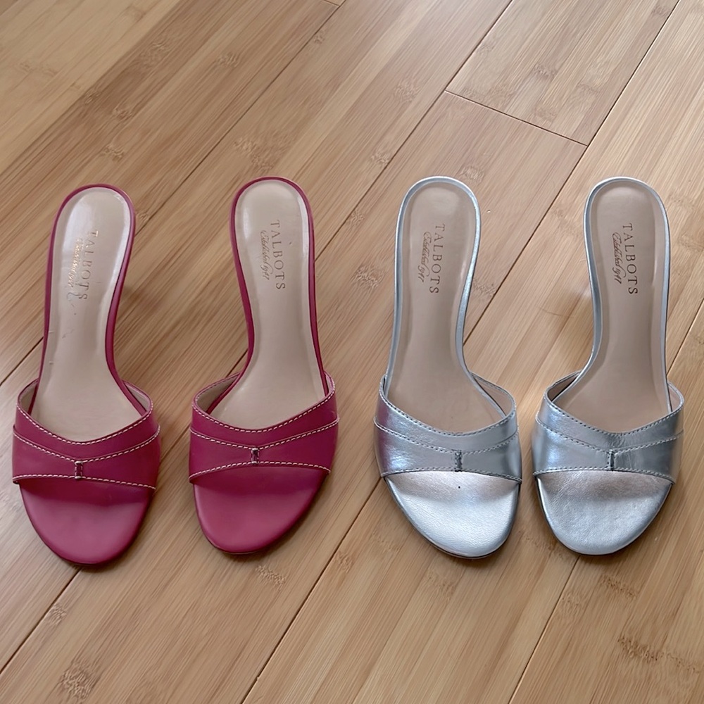 Talbots kitten heel sandals pink pair and silver pair size 8